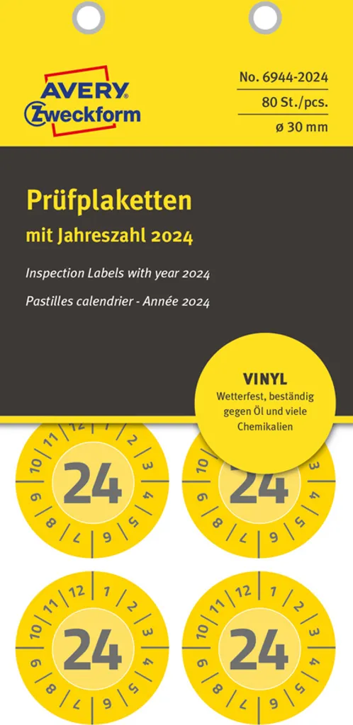 Pastilles de calendrier 2024 de contrôle en vinyle jaune Avery 20 mm