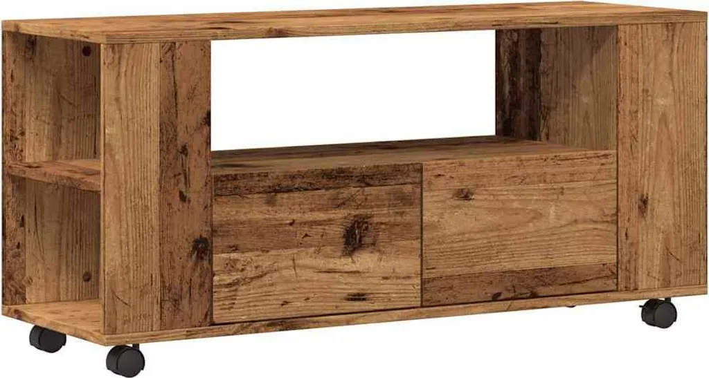 Mobile TV Vintage con Ruote Industriali 102x34,5x43cm - Legno Scuro