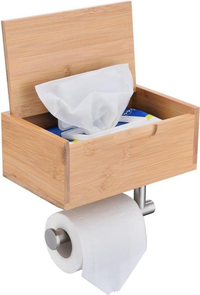 Bamboe Toiletrolhalter mit Wasserhaltedose, Bohrungen nicht erforderlich, selbstklebend mit Aufbewahrungsbox, Badewandhalter