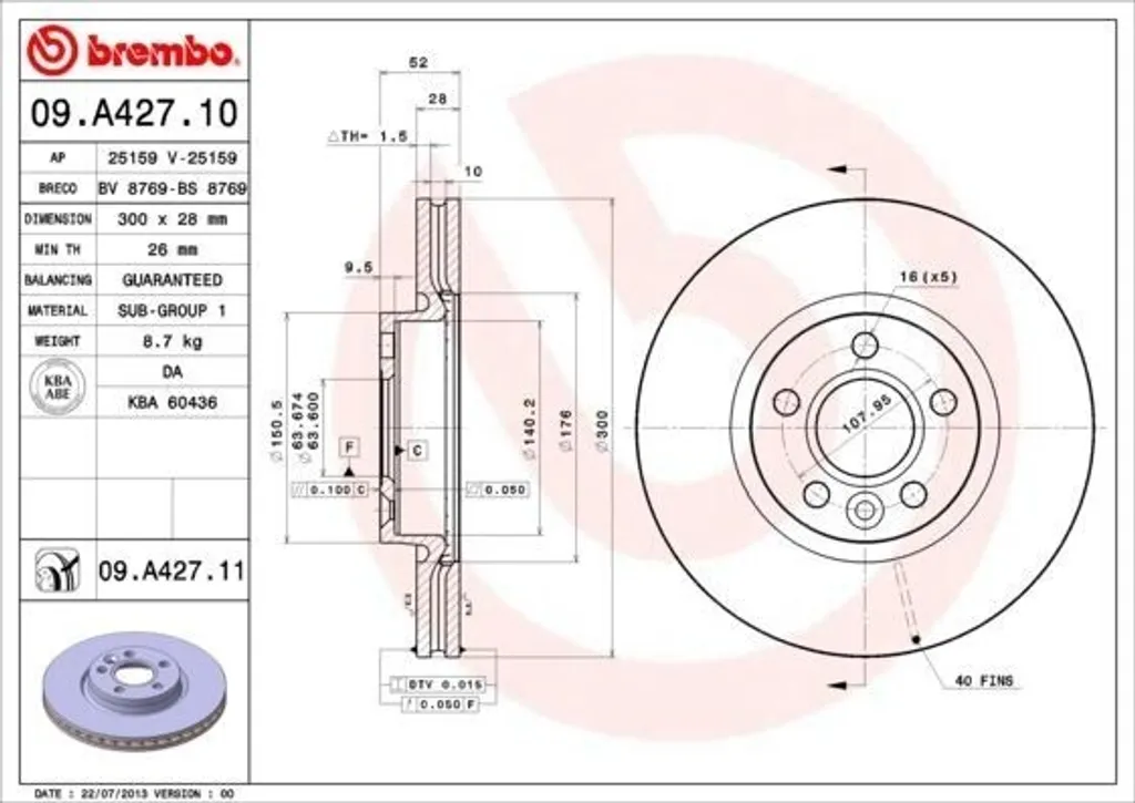 Brembo 09.A427.10 Disque de Frein OE 1379965 pour Freelander 2 et S-Max