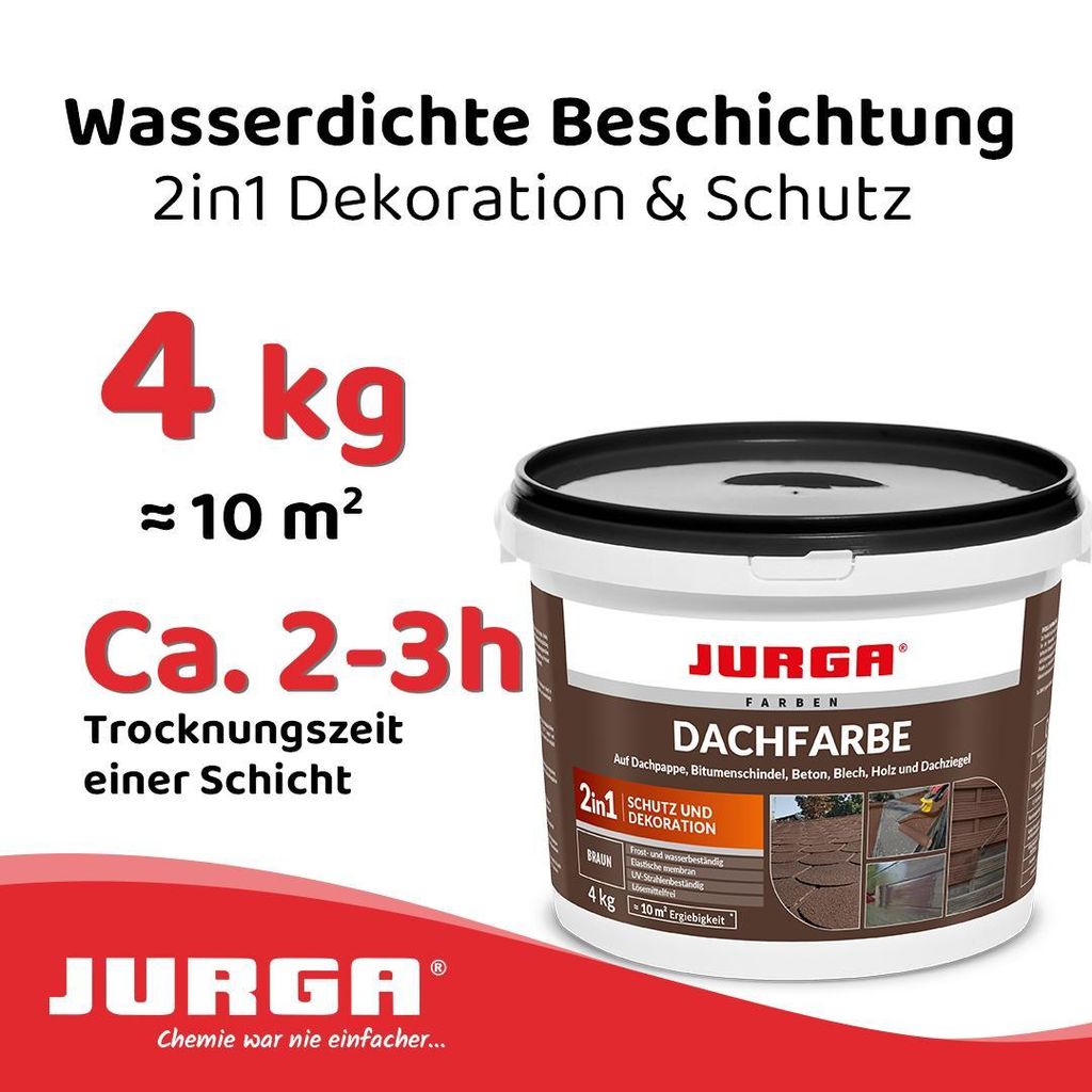 Jurga Dachfarbe Braun 4 kg, Sockelfarbe WASSERDICHT, Fassadenfarbe für Außen, Dachbeschichtung für Blechdach, Bitumen, Dachpappe, Schindeln Putz