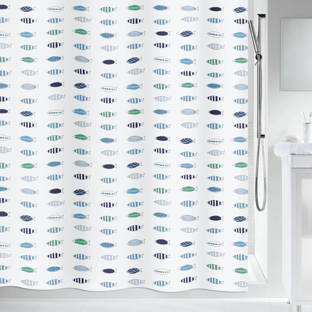 Spirella Anti-Schimmel Duschvorhang - Anti-Bakteriell, waschbar, wasserdicht, Polyester, „Santorini“ 180x200cm Weiß Fische