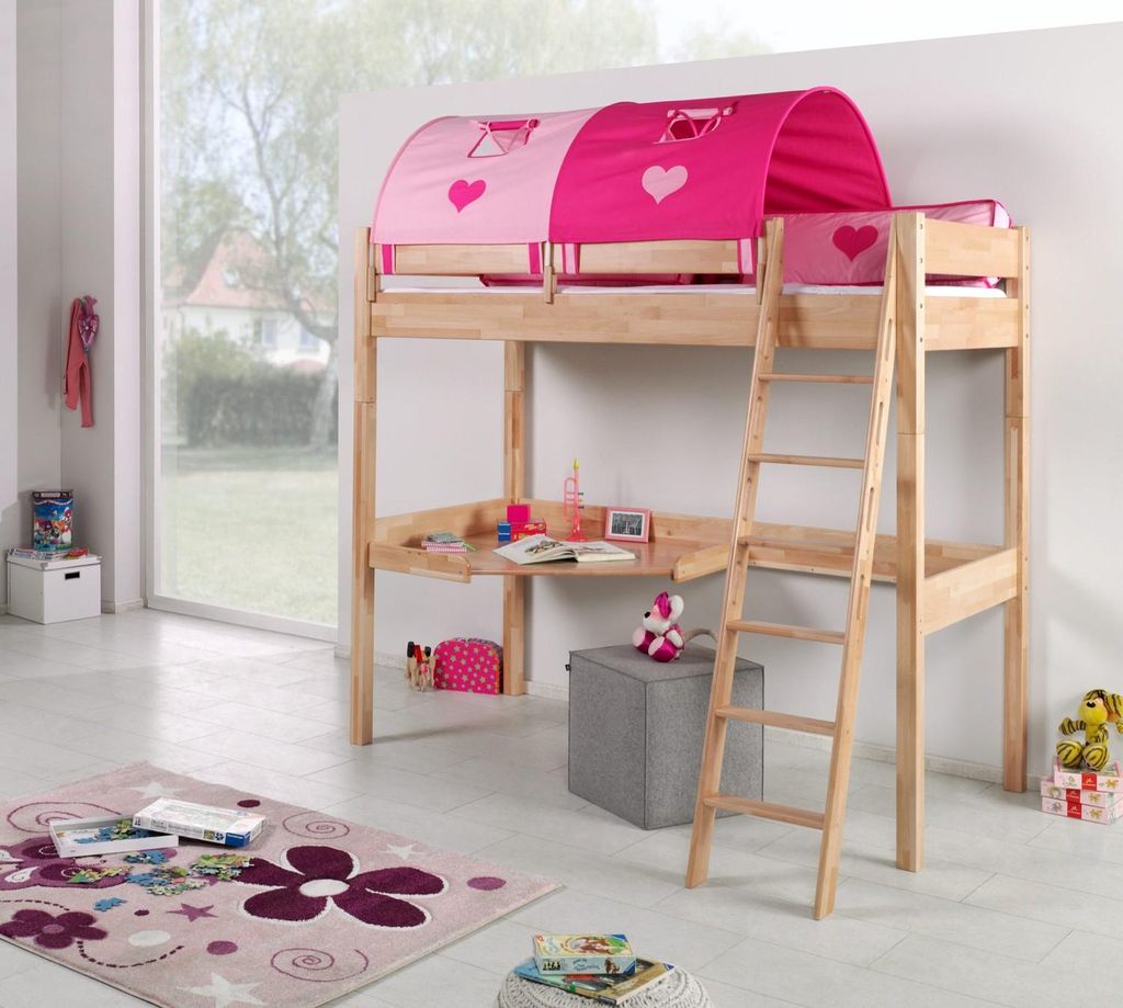 Hochbett Renate Buche Massiv Natur lackiert mit Schreibtisch und Textilset