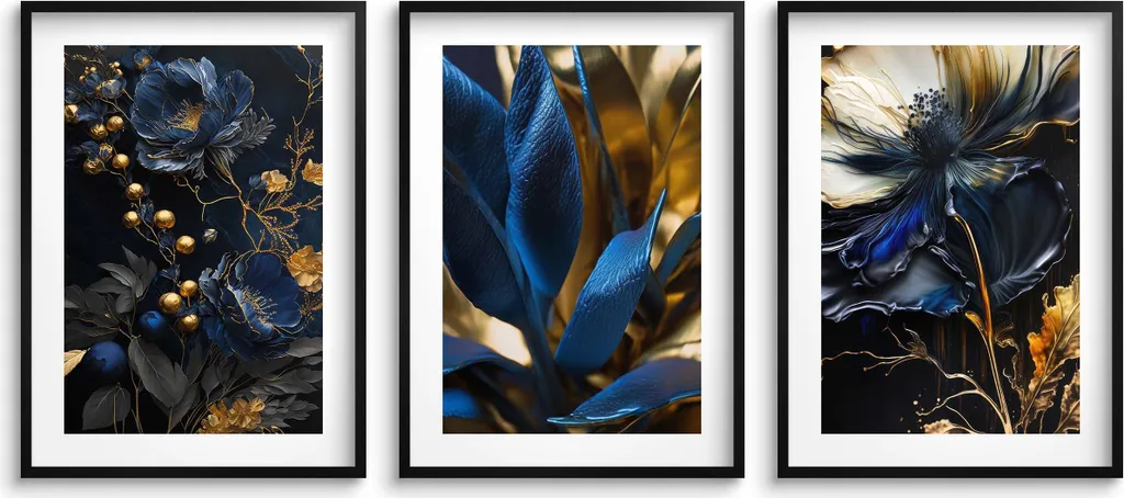 Trittico Poster Astratti Fiori Oro Blu | Arredo Parete Soggiorno - 8
