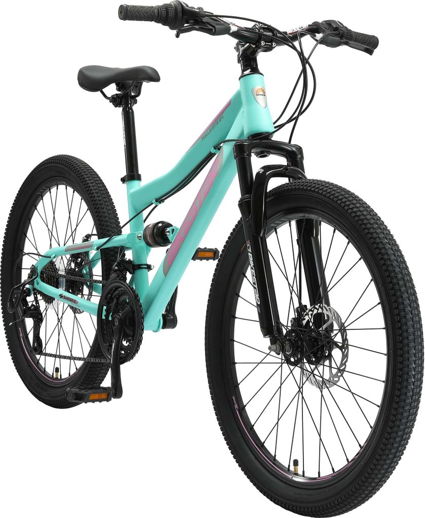 BIKESTAR Kinder Fully Mountainbike 24 Zoll ab 9 Jahre | 21 Gang Shimano, Scheibenbremsen | Mint