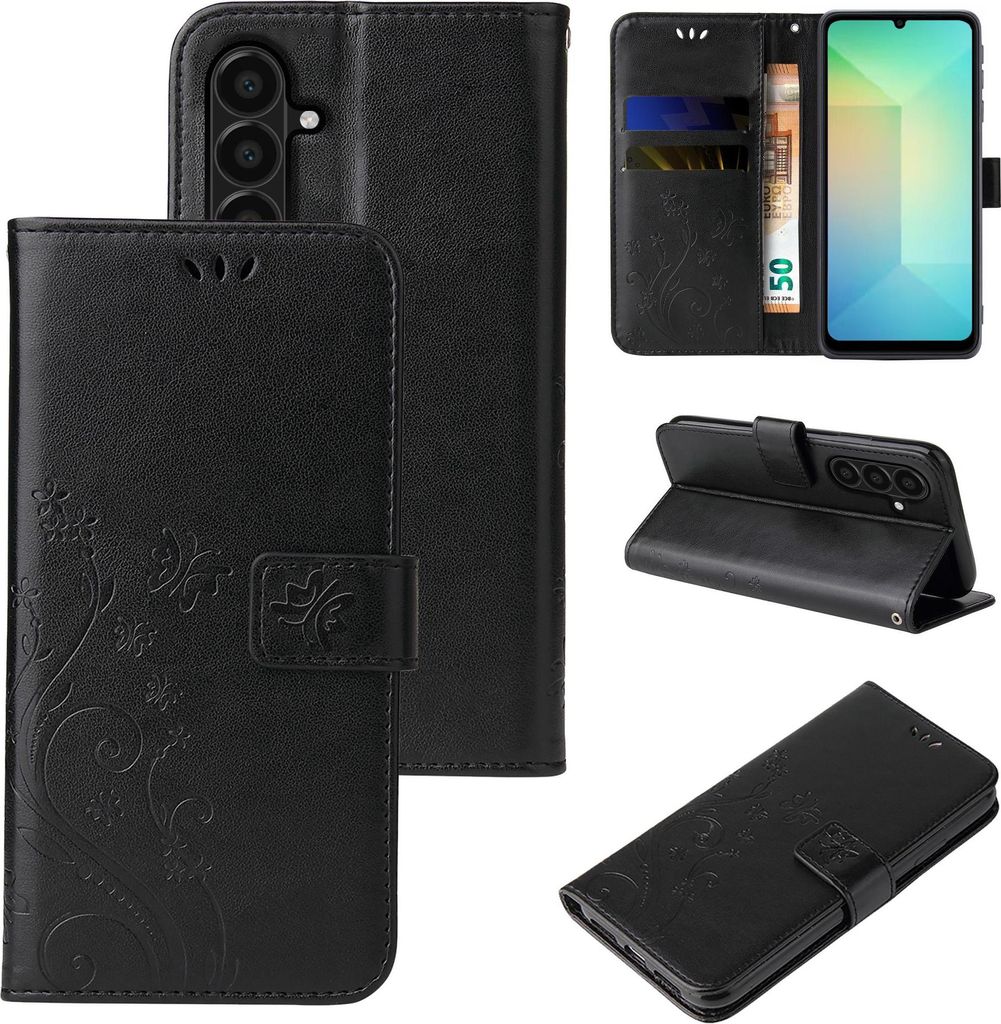 Handyhülle für Samsung Galaxy A17 / A17 5G Floral Blumen Schmetterling Flip Cover Hülle Case Klapphülle Handytasche Farbe: Schwarz
