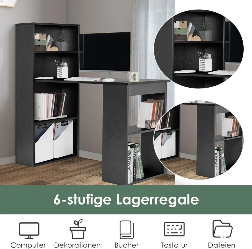 Table PC avec étagère latérale, meuble de bureau noir style industriel