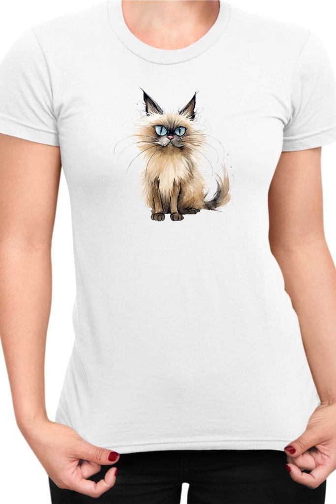 Damen T-Shirt Funny Cats Breeds Balinese Cat 010, Lady M / Weiß