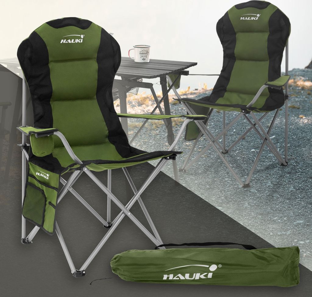 Hauki Campingstuhl faltbar, Khaki, Angelstuhl mit Getränkehalter & Tragetasche