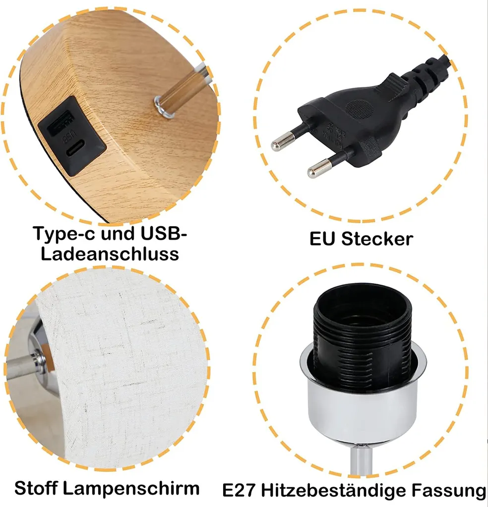 Lampe de Table Moderne E27 avec Chargeur USB et Abat-jour en Tissu x2 - 6