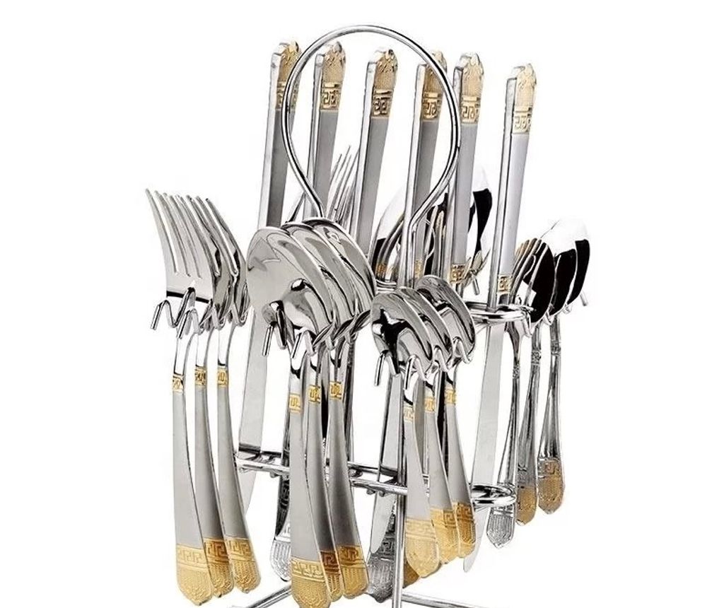 Mäander Besteck Set 6 Personen 24 Teilig Gold Besteckset Edelstahl Essbesteck Spiegelpoliert mit Messer Gabel Löffel Teelöffel, Spülmaschinenfest