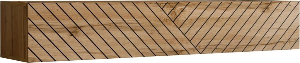 A wooden cabinet with a geometric pattern of dark lines.