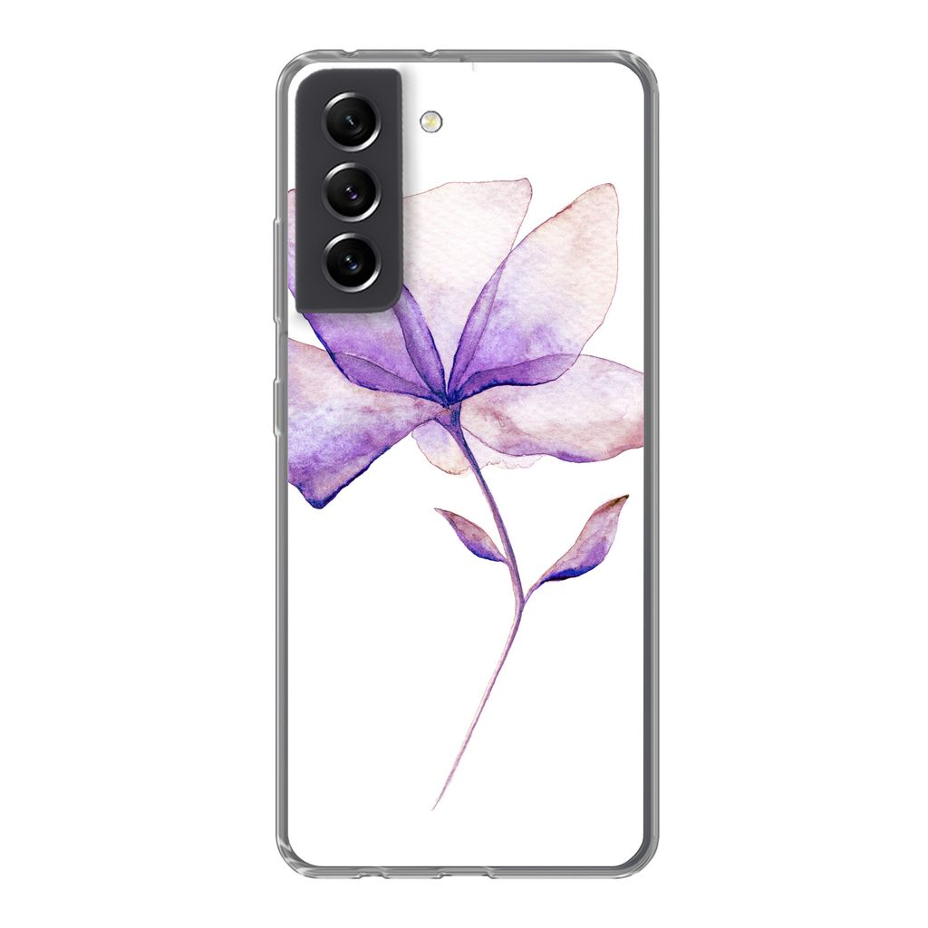 MuchoWow Handyhülle Schutzhülle Hülle für Samsung Galaxy S21 FE Blumen - Aquarell - Lila Silikon Softcase Handy Hülle - Mobiltelefonhülle