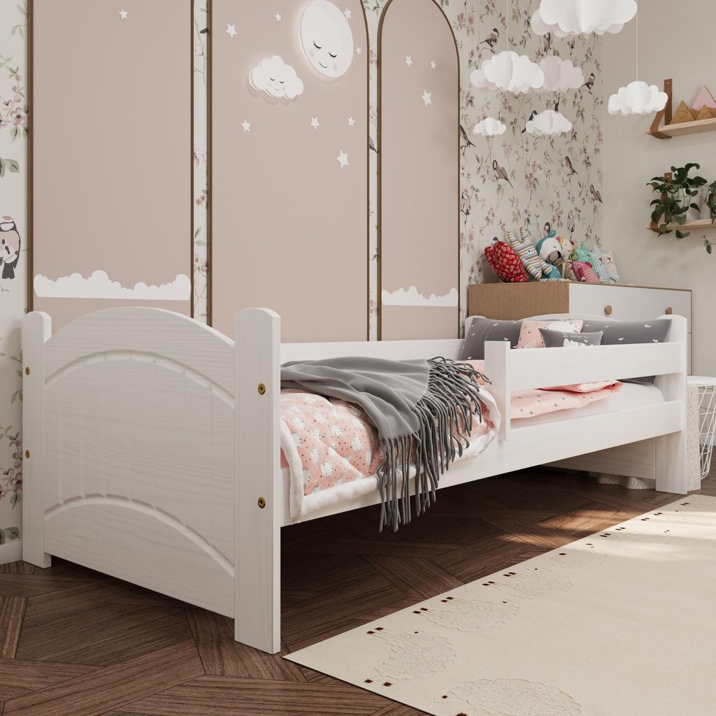 Kinderbett Ania mit Rausfallschutz und Lattenrost | 180x80 cm | Deckweiß | 100% Massivkiefernholz | für Jungen und Mädchen | stabil und bequem