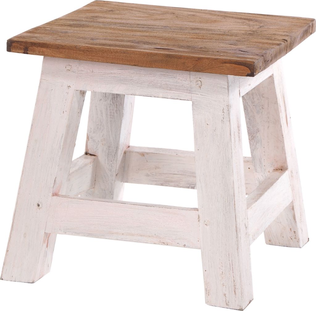 A rustic wooden stool with a white base and a natural wood top, isolated on a white background.