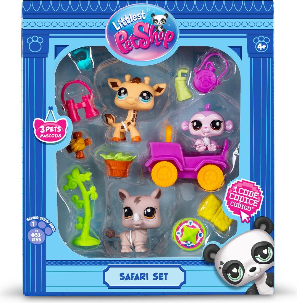A toy playset featuring Littlest Pet Shop safari-themed figures and accessories in its original packaging.