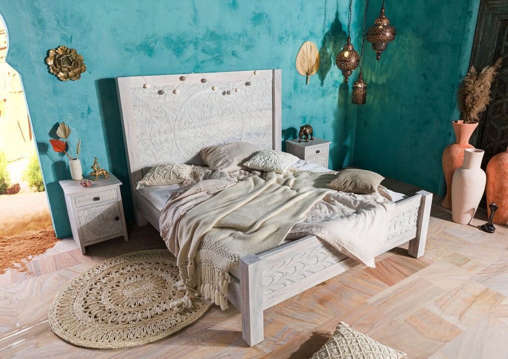 MASSIVMOEBEL24 Bett Mango 180x200 weiß geölt KASHMIR #103