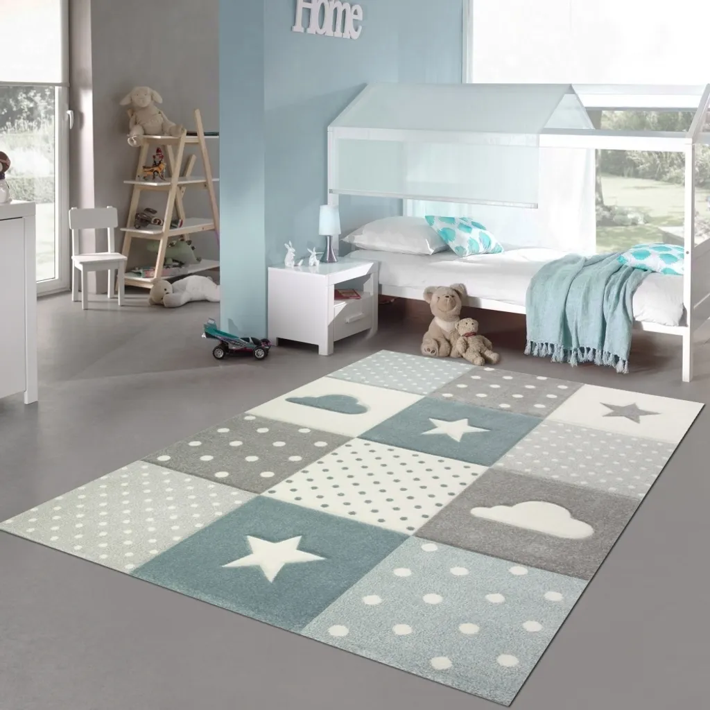 Tapis de jeux enfant bleu gris - Créez un coin lecture 140 x 200 cm