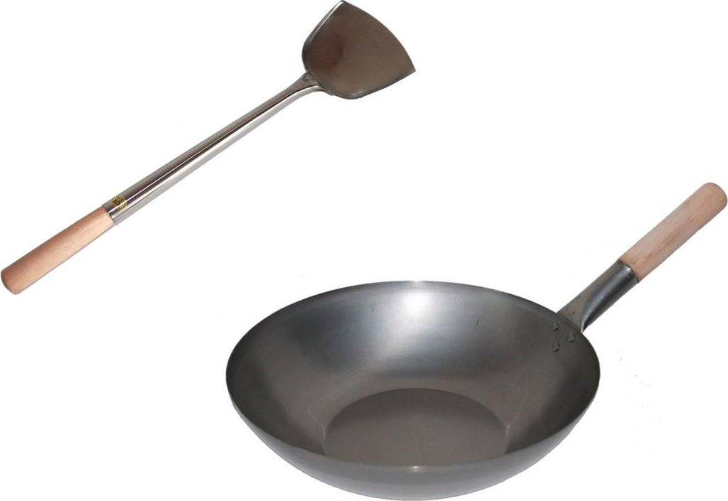 WOK SET, 33FB-S04, Wok Pfanne 33 cm Ø flacher Boden Kohlenstoffstahl + Spahtel Edelstahl Größe S - 43 cm lang mit Holzgriff
