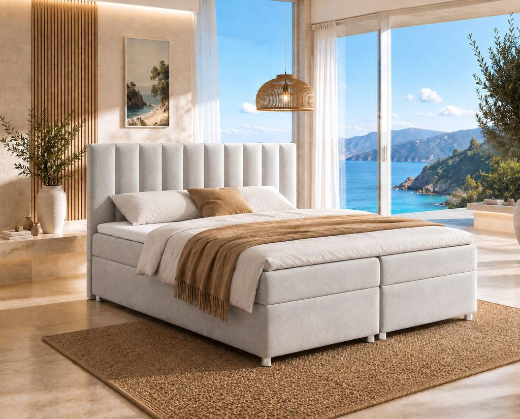 Best For Home Boxspringbett mit Bettkasten Trinity K-10 Bonellfederkern inkl. Topper 140x200 Silber – Modernes Polsterbett mit Stauraum & Komfort