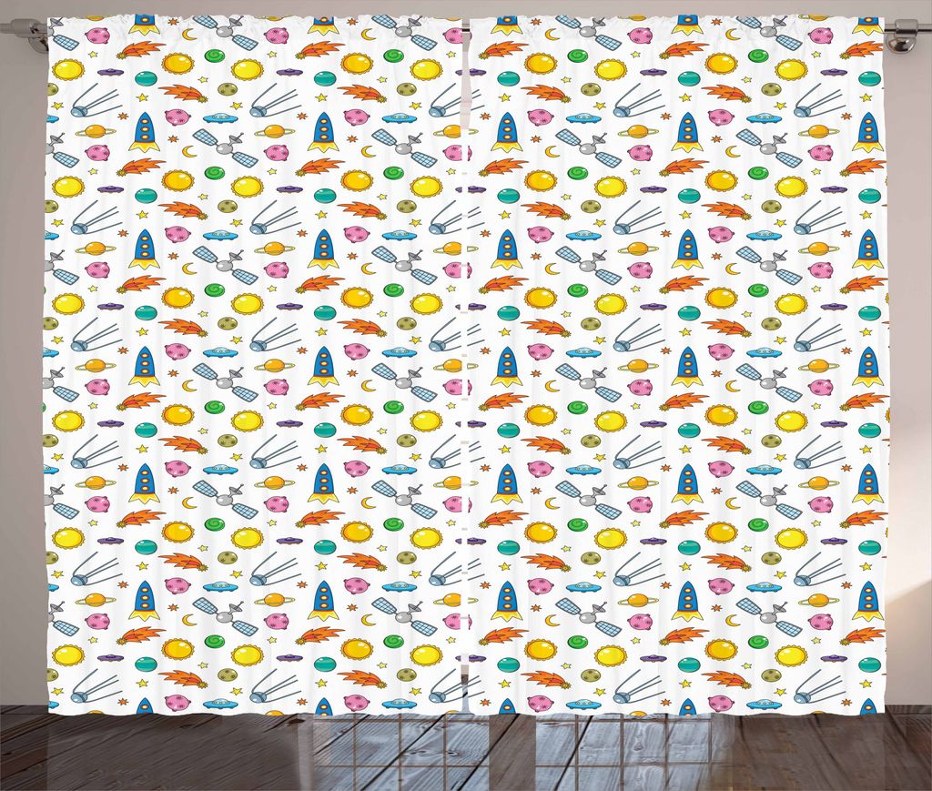 ABAKUHAUS Raumschiff Rustikaler Gardine, Cartoon Shooting Star, Schlafzimmer Kräuselband Vorhang mit Schlaufen und Haken, 280 x 175 cm, Mehrfarbig