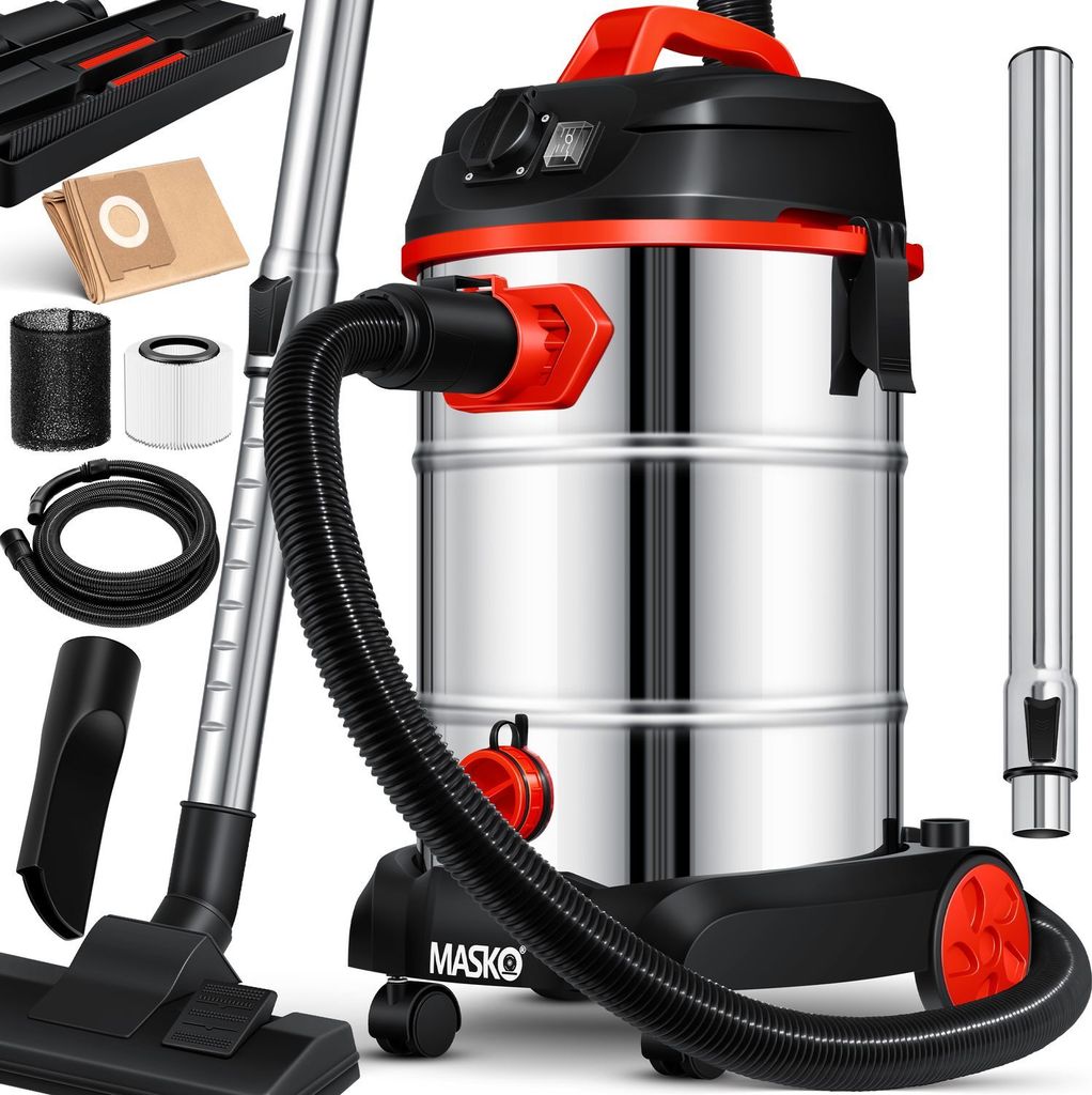 A collection of vacuum cleaner parts and accessories are arranged around a central industrial vacuum cleaner.