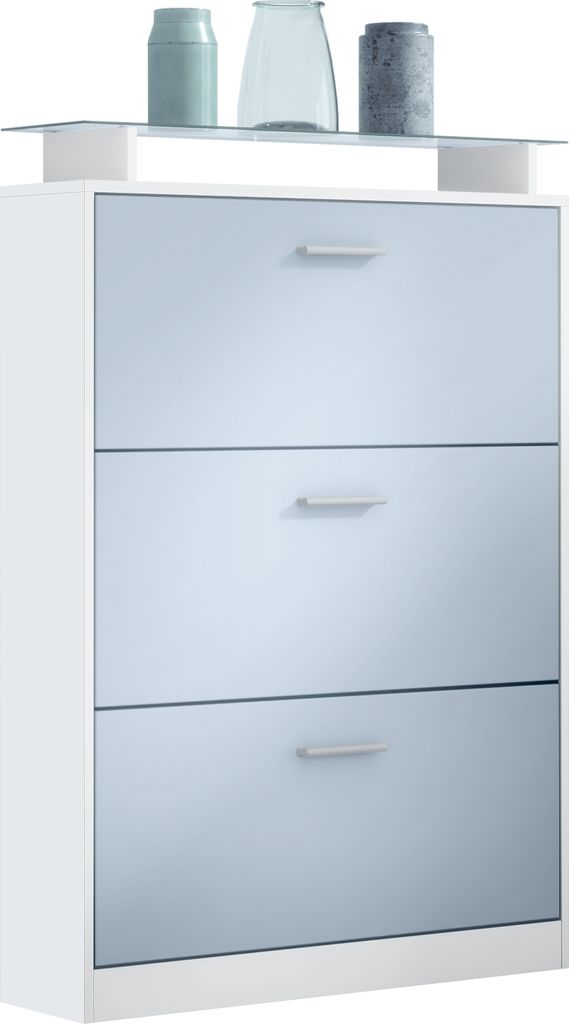 Vladon Schuhschrank Lavia, Germany, Schuhkipper für 24 Paar Schuhe mit 3 Klappen und Glasablage, Weiß matt/Denim matt (89 x 128 x 23 cm)