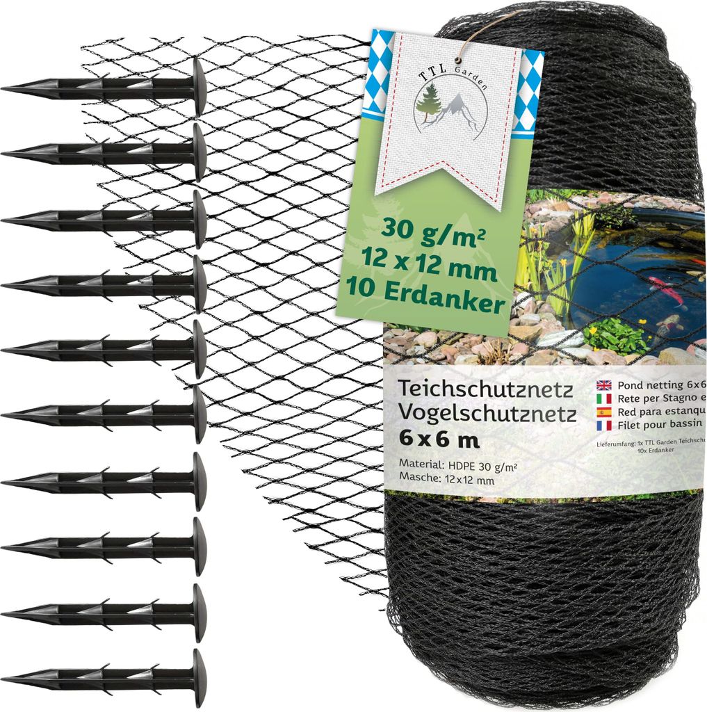 TTL GARDEN Teichnetz 6x6m schwarz 30g/m² Vogelschutznetz Produktbild 