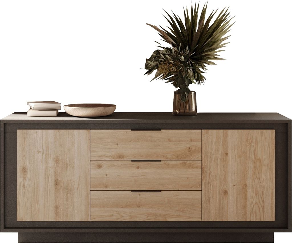 Sideboard >Siena< 2 Türen, 3 Schübe, Lava anthrazit/ Cadiz Eiche Nachbildung - 180x80x50 BxHxT