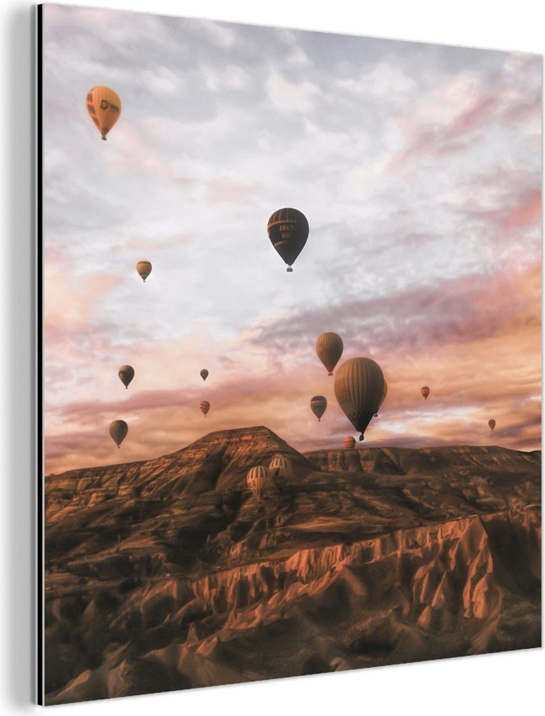 MuchoWow Wanddekoration Metall Metallbild Wandkunst 20x20 cm Landschaft - Heißluftballon - Berge - Braun MuchoWow Aluminium Gemälde - Alu Dibond ...