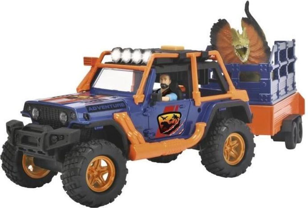 Dickie Playlife Dinosaurier Kommandant, Jeep Wrangler mit Anhänger, 1 Figur, 2 Dinosaurier, Sound & Licht