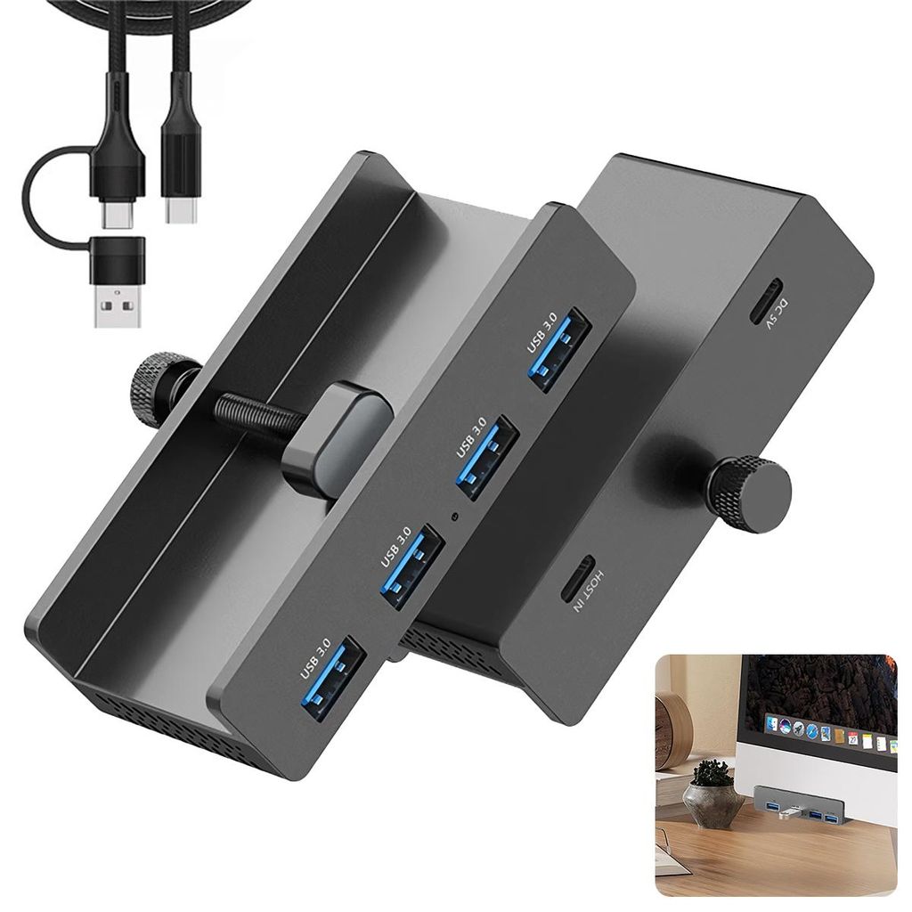 USB-C Hub 4-Port USB 3.0 mit Monitor-Klemme, 5Gbps Datenhub, Display-Clip Erweiterung mit 1,5 m Kabel für Laptop & PC Zubehör
