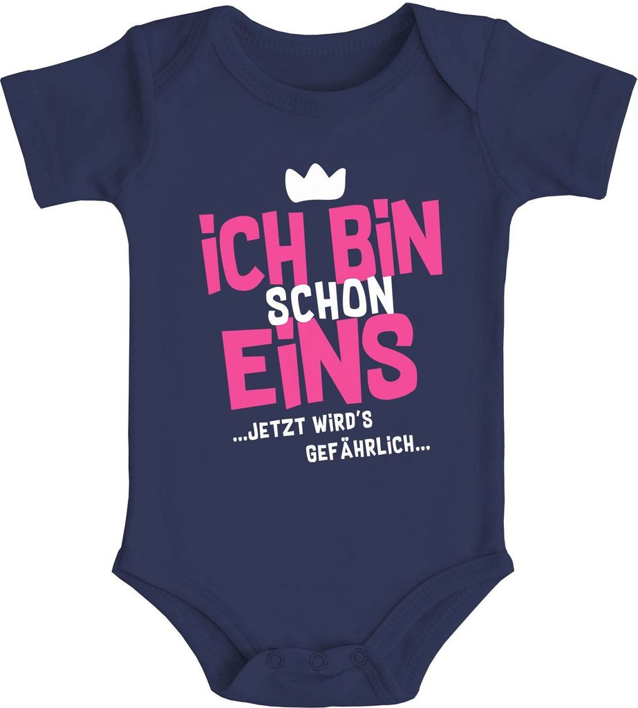 Babybody erster Geburtstag lustiger Spruch Ich bin schon 1 jetzt wird's gefährlich kurzarm Body Baumwolle Moonworks navy-pink 12-18 Monate