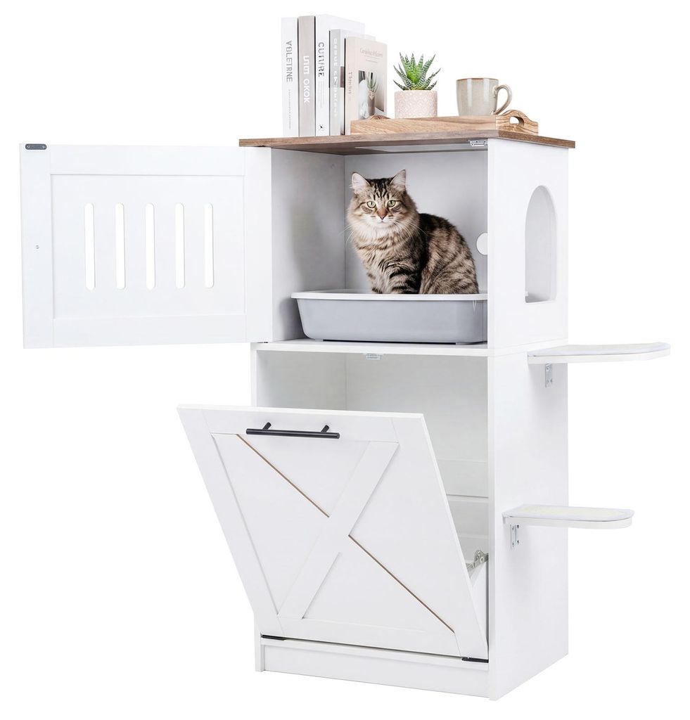 COSTWAY Katzenklo Schrank, Katzenschrank mit 2 Sisal-Kratzmatten, Plattformen&Klappfach, 3 in 1 Katzenhaus Katzentoilette Beistelltisch, Holz, Weiß
