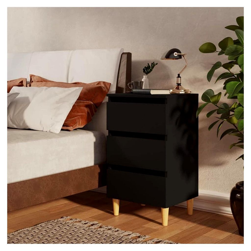Nachttisch mit Massivholzbeinen, Nachtkonsole, Nachtkästchen, Kaffeetisch, Nachtkasten, Nachtkommode, Sofatisch, Schwarz 40x35x69 cm