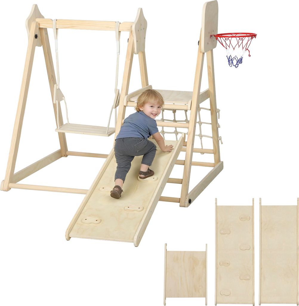 AIYAPLAY 5-in-1 Klettergerüst Montessori Indoor Holz Kletterdreieck mit Rutsche, Schaukel, Kletternetz und -brett, Basketballkorb, Klappbar Spielp...