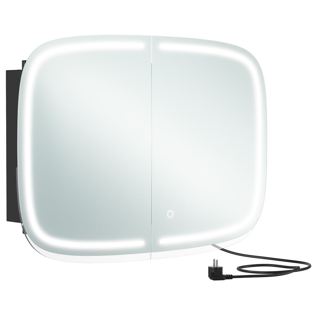 A modern, illuminated mirrored cabinet with a black frame and a power cord.