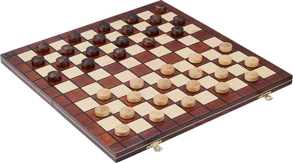 A checkers board game with pieces set up on the board.