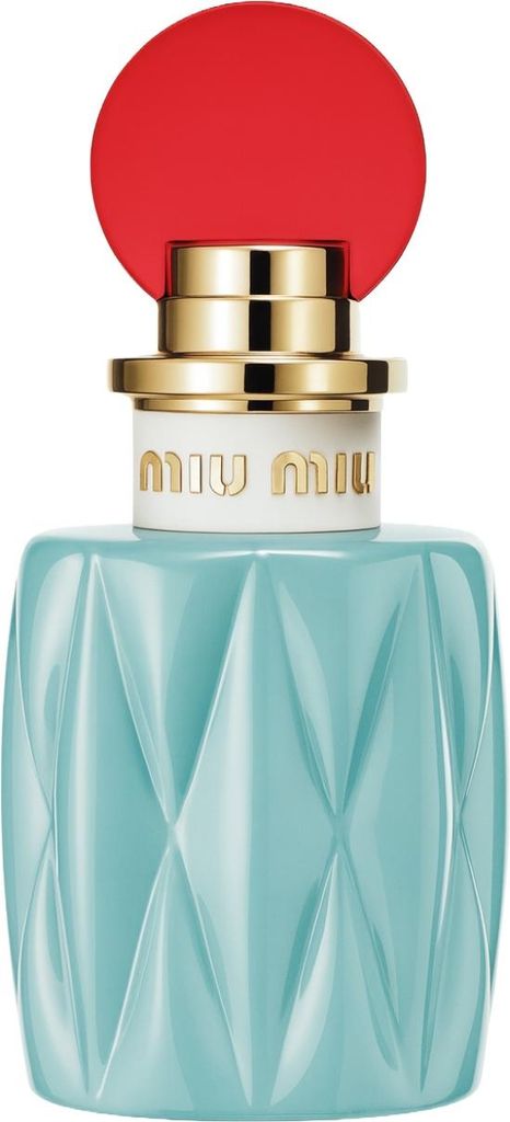 A Miu Miu perfume bottle against a white background.