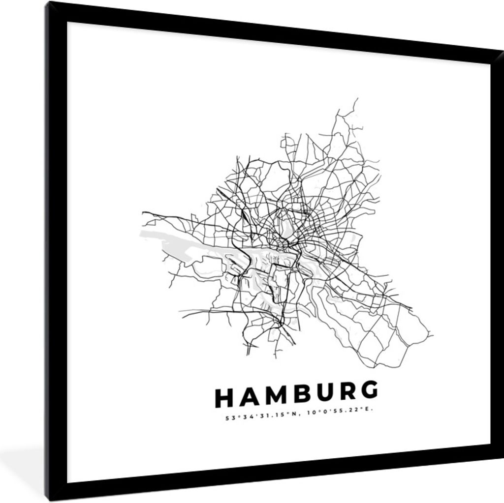 MuchoWow Gerahmtes Poster Stadtplan - Schwarz-weiß - Karte - Hamburg - Deutschland 40x40 cm - Poster mit Schwarzem Bilderrahmen Wandposter Rahme...