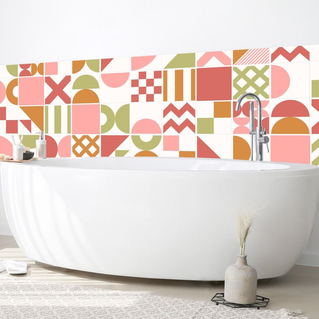 Wandverkleidung Bad Muster selbstklebend - 0.61 mm Wandpaneel matt wasserfest Geometrisch rosa Fliesenoptik Badrückwand fugenlos 50x70 cm