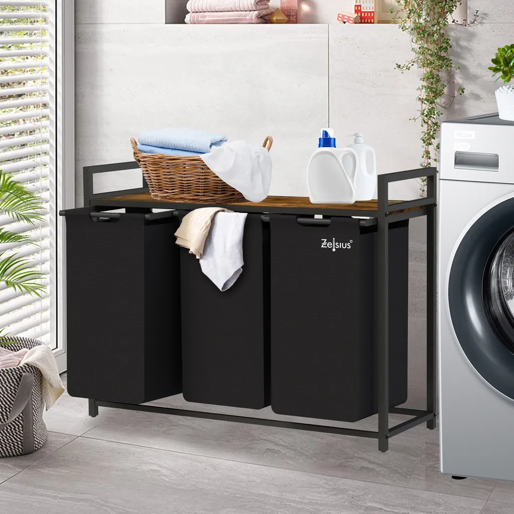Panier à linge 3 compartiments avec étagère bois noir gain de place - 2
