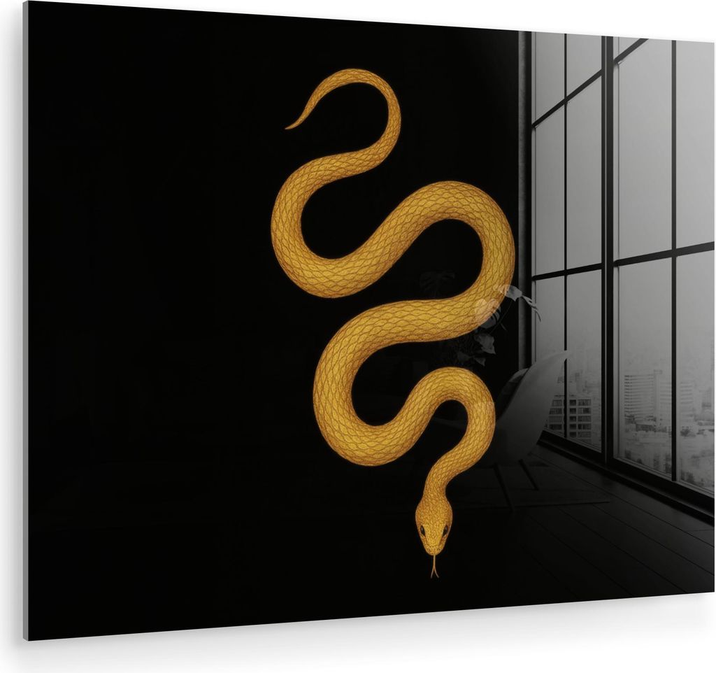 MuchoWow Glasbilder - Bilder auf Wandbild - Foto auf Glas Schlange - Minimalistisch - Gold 80x60 cm Wanddekoration aus Glas - Acrylglasbild - Acryl...