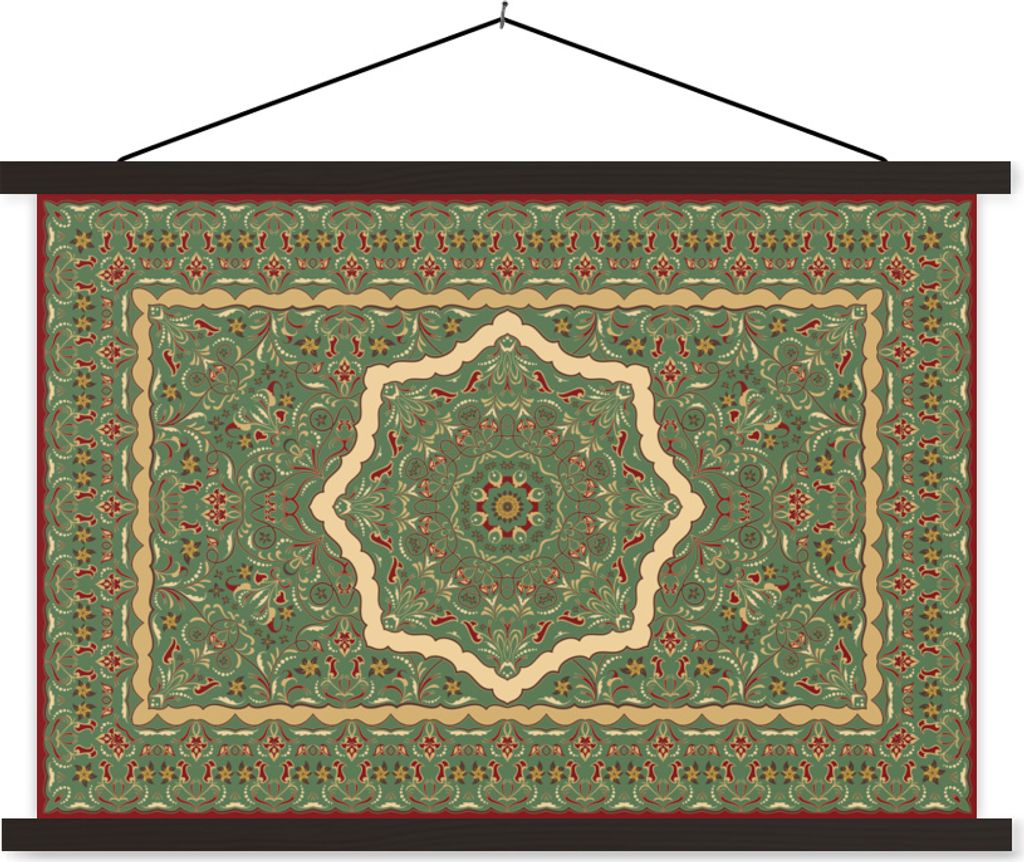 MuchoWow Textilposter Persische Teppiche - Teppiche - Mandala - Grün 60x40 cm mit schwarzem Rahmen - Hölzernes