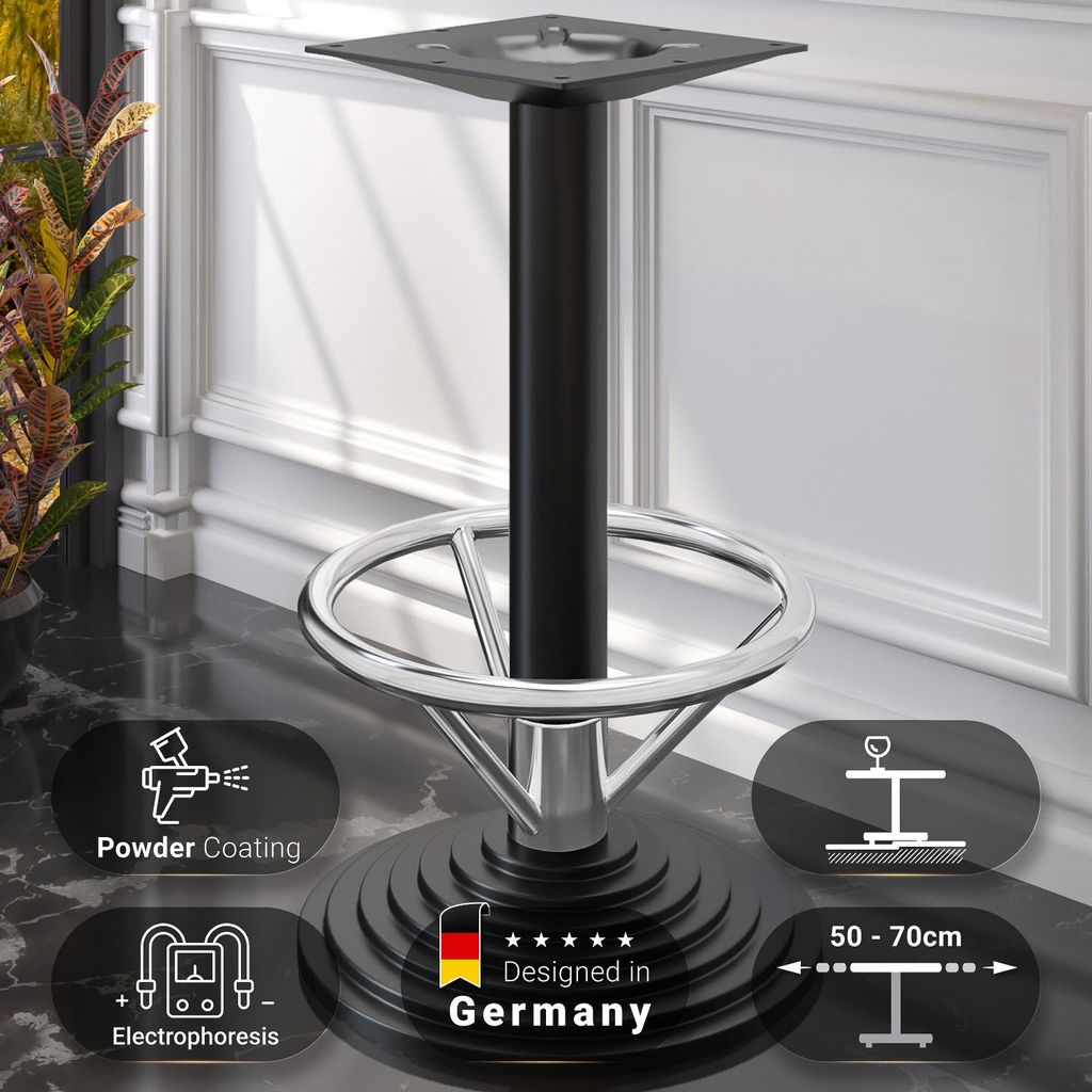 PYRAMIDE | Bistro Tischgestell | Schwarz | Fuß: Ø 45 cm | Säule: 7,6 x 109 cm | Mit Fußring | Bar Fuß Bein Säule Rund