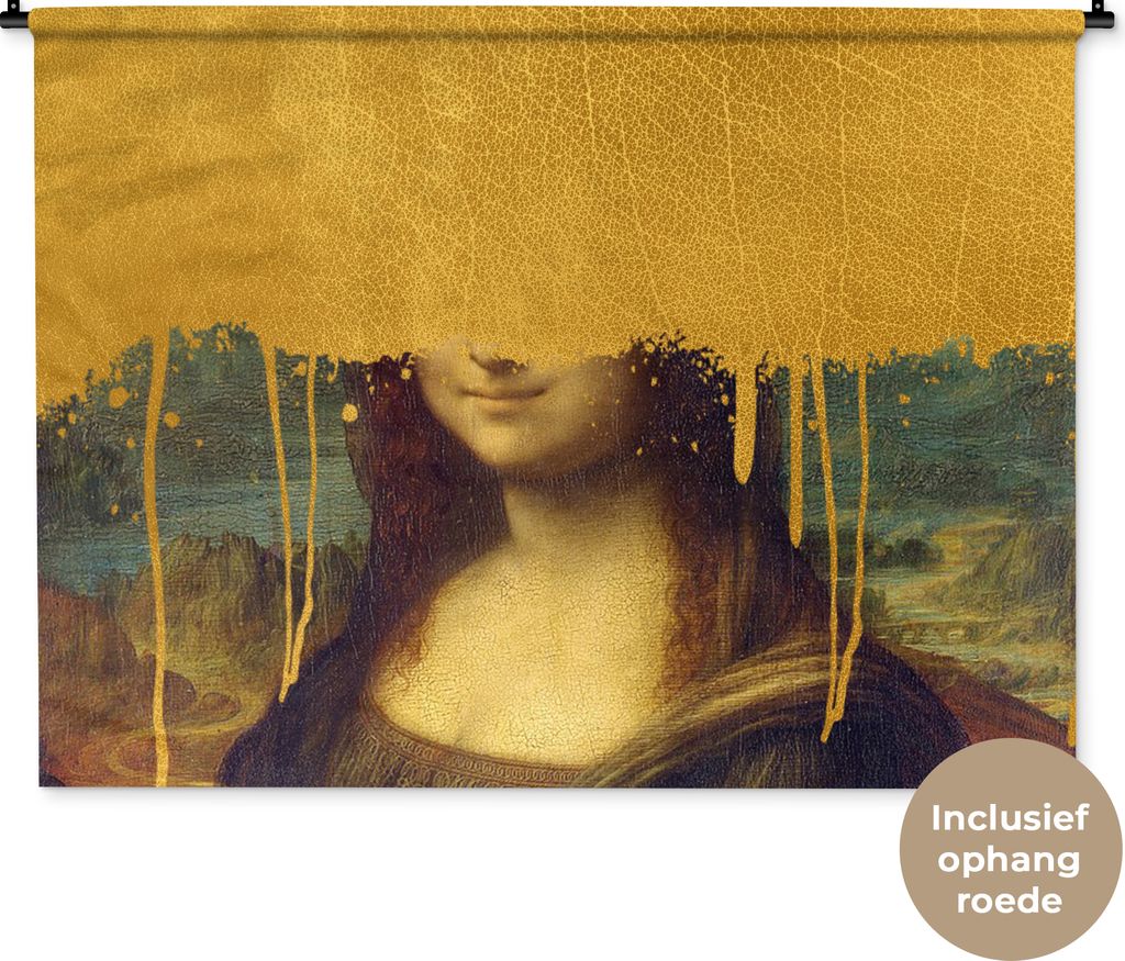 MuchoWow Wandteppich Wandbehang Mona Lisa - Gold - Da Vinci 120x90 cm Tapisserie Dekoration Wandtuch - Wohnen - Aufhänger für die Wand