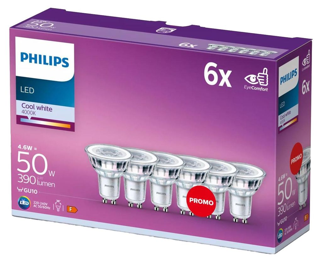 Philips Spot PAR16 GU10 x6, 50 W, 4,6 W, 50 W, GU10, 390 Produktbild 
