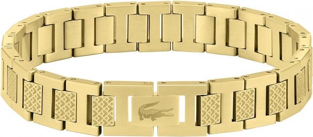 A gold-colored bracelet with a clasp featuring the Lacoste logo.