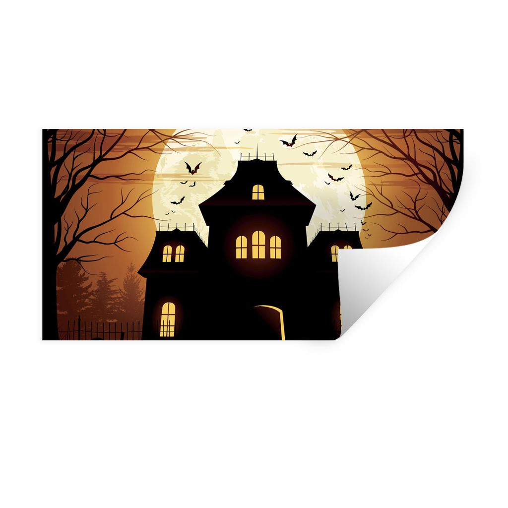 MuchoWow Wandtattoo Wandsticker Wandaufkleber Ein gespenstisches und einsames Haus während Halloween in einer Illustration 40x20 cm Selbstkleben...