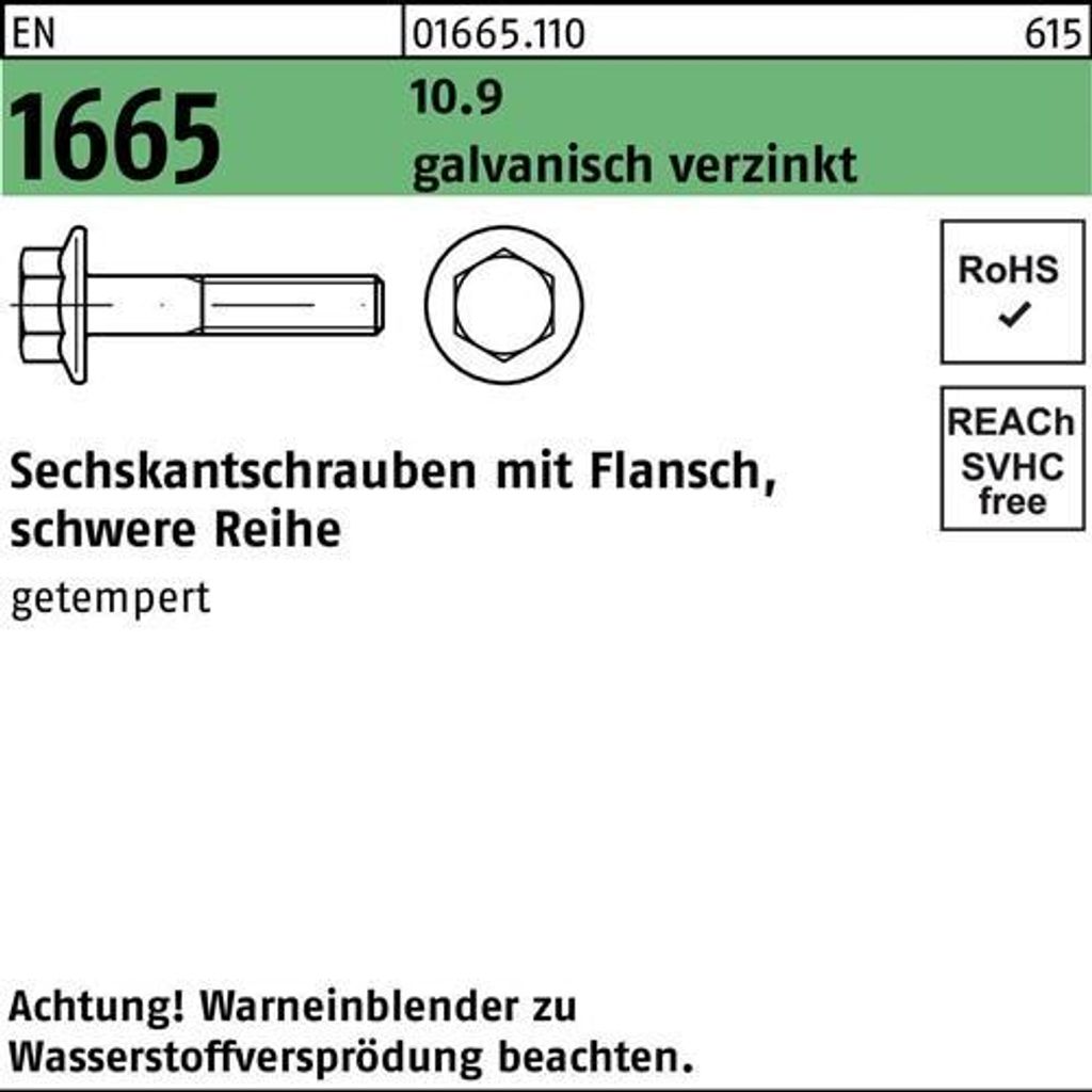 Reyher Sechskantschrauben EN 1665 10.9 M 16x50 vz A2F, (50 Stück)